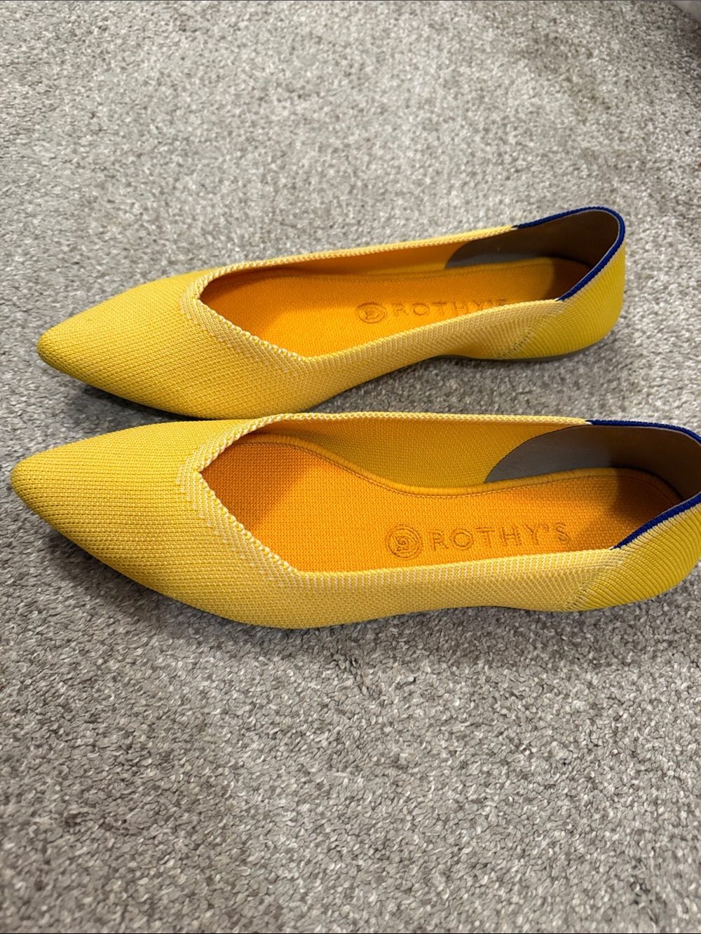 Rothy's Yellow Knit Pointed Toe Flats with Blue Trim